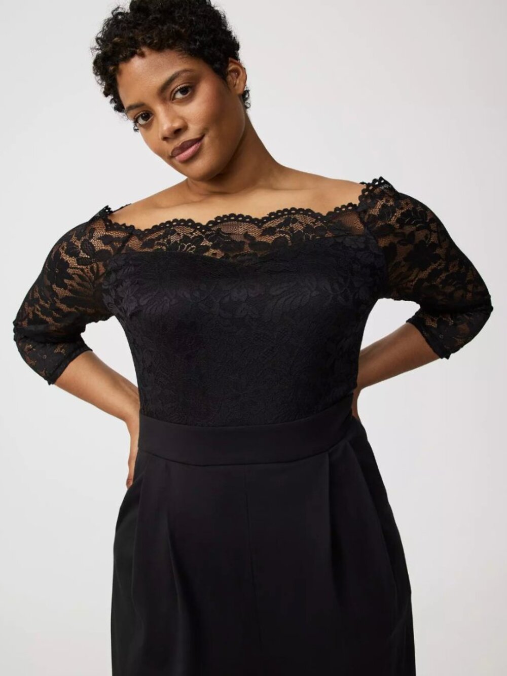 Torrid Elegant Off the shoulder Black Lace Jumpsuit Size 16